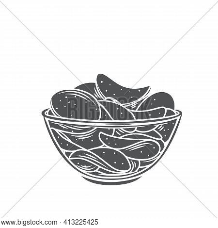 Bowl Of Potato Chips Glyph Icon, Vector Cut Monochrome Badge. Crispy Snack, Potato In The Form Of Cr