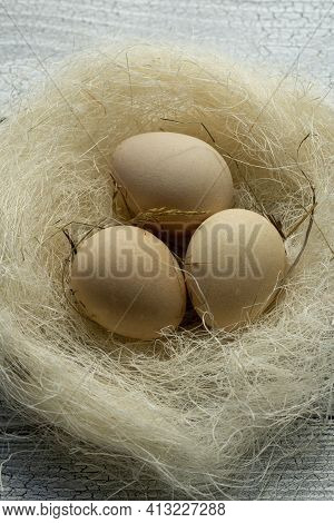Blackbird Eggs Are Light Brown In An Artificial Decorative Nest. Festive Decor Of Fresh Eggs For Eas
