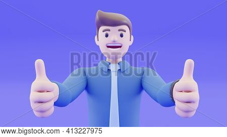 The Businessman Is Smiling And Raised His Hand To And Do Thumb Up. Congratulation And Joyful With Th