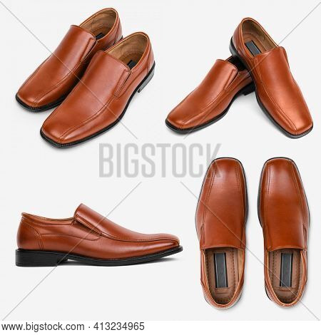 Brown leather slip-on men's shoes fashion set