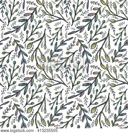 Seamless Pattern With Stylized Branches And Leaves On A White Background. The Illustration Is Hand-d