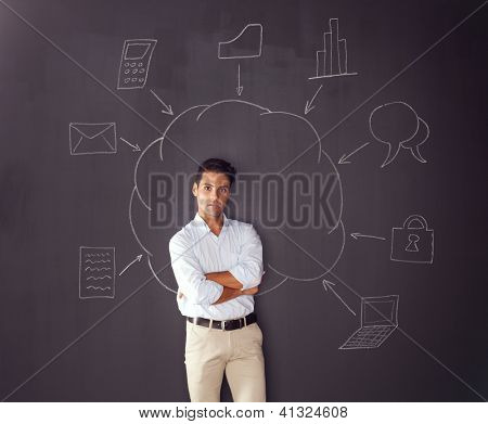 Businessman writing a cloud computing diagram on the chalkboard