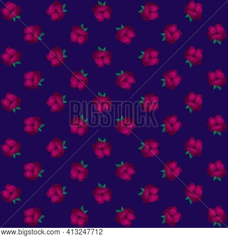 Flowers Seamless Pattern On Dark Blue Background