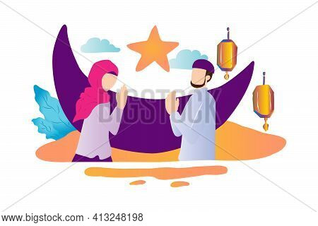 Gathering Muslim Woman And Man Greeting Each Other Sketch Illustration