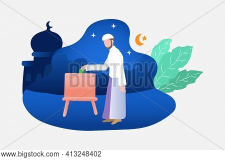 Youth Muslim Charity In The Charity Box. Sketch Illustration