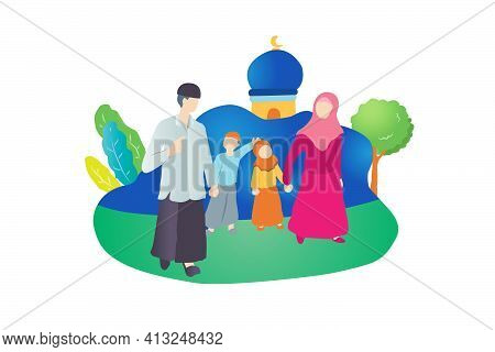 Muslim Family Walk Together With Mosque In The Background Sketch Illustration