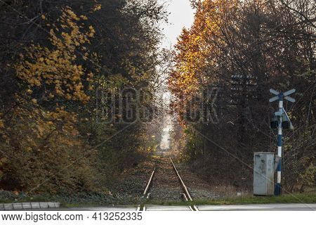 Selective Blur On A Straight Line Of A Railway Track, Neglected And Abandoned, Surrounded By Romanti