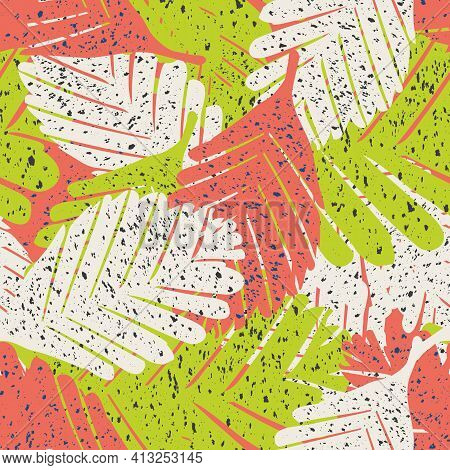 Abstract Paint Spatter Tropical Leaves Seamless Vector Pattern Background. Painterly Backdrop With T