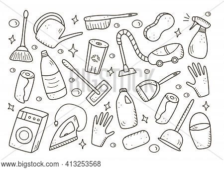 Doodle Style Vector Cleaning Elements. A Set Of Drawings Of Cleaning Products And Items. Room Washin