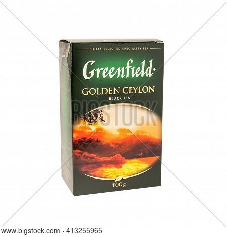 Krasnodar, Russia - March 9, 2021: Ceylon Black Leaf Tea Greenfield In A Pack Of 100g Isolated On A 
