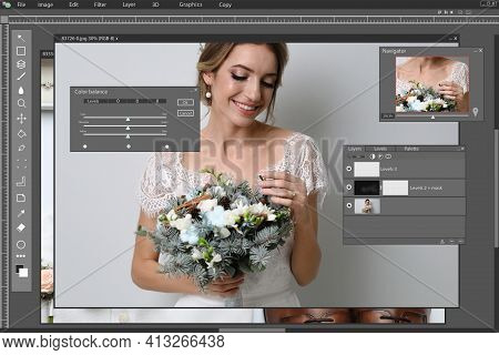 Professional Photo Editor Application. Image Of Beautiful Bride With Wedding Bouquet