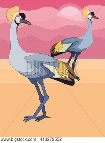 Two Beautiful Herons Standing On The Sand