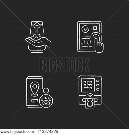 Contactless Technology Chalk White Icons Set On Black Background. Predictive Touch Technology To Red
