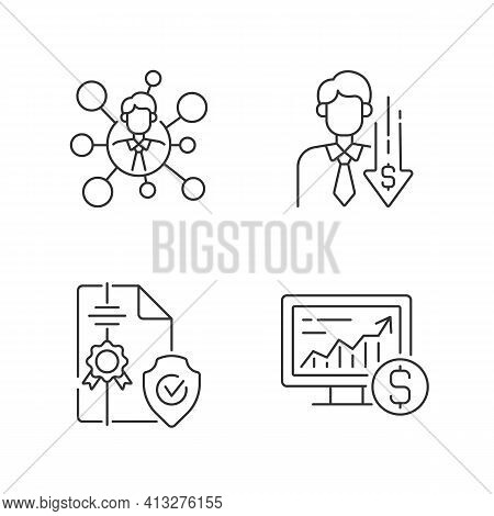 Brokerage Service Linear Icons Set. Broker Connection. Financial Recession. Intellectual Property. C