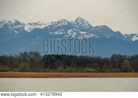 View From Simssee, A Lake In Bavaria, Germany, To Wendelstein, A Famous Peak