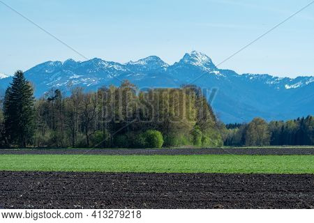 View From Agricultural Land Around Rosenheim, Bavaria, Germany Towards The Alps