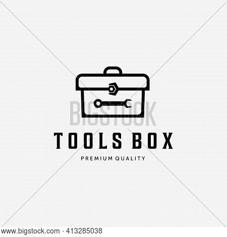 Toolbox Equipment Logo, Illustration Line Art Of Wrench Spanner Box Vector. Mechanical Equipment Des