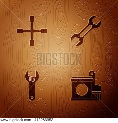 Set Paint Bucket And Brush, Wheel Wrench, Adjustable And Wrench Spanner On Wooden Background. Vector