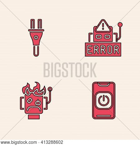 Set Turn Off Robot From Phone, Electric Plug, Error In And Robot Burned Out Icon. Vector