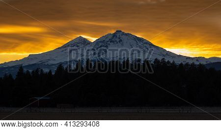 The View Of Mt Bachelor And The Three Sisters From Sisters Oregon During Sunset, Cascade Mountain Ra
