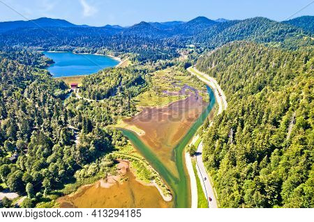 Bajer Mountain Lake And Green Landscape Aerial View, Gorski Kotar Region Of Croatia