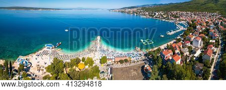 Tourist Town Of Selce And Poli Mora Turquoise Beach Aerial Panoramic View, Crikvenica Riviera In Cro