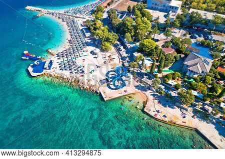 Aerial View Of Poli Mora Turquoise Sand Beach In Selce, Crikvenica Riviera In Croatia