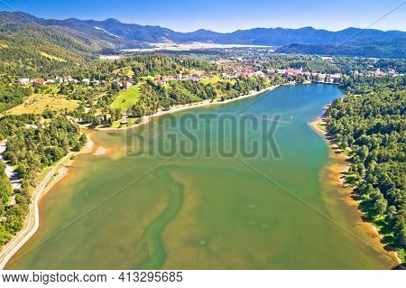 Bajer Mountain Lake And Town Of Fuzine Aerial View, Gorski Kotar Region Of Croatia