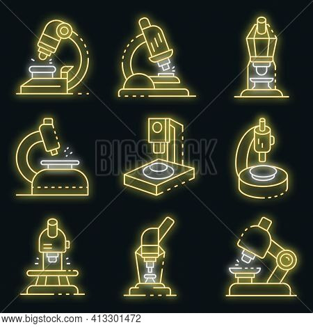 Microscope Icons Set. Outline Set Of Microscope Vector Icons Neon Color On Black