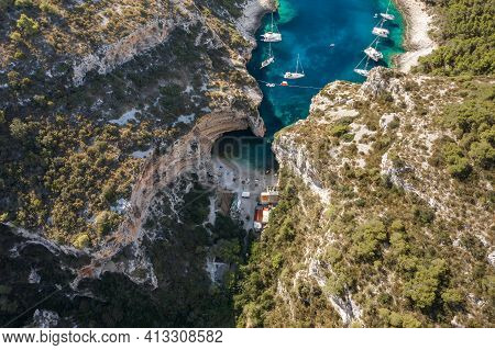 Aerial Drone Shot Of Stiniva Cove Beach Of Adriatic Sea On Vis Island In Croatia Summer