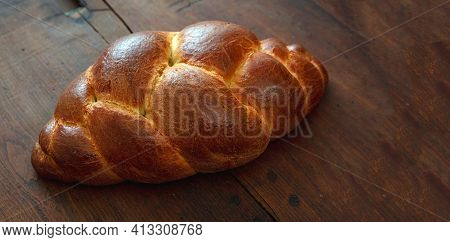 Easter Tsoureki Braid, Greek Easter Sweet Bread, On Wooden Background