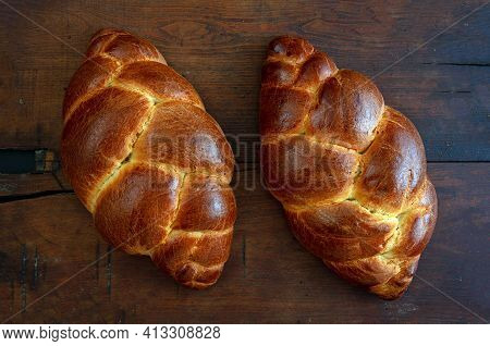 Easter Tsoureki Braid, Greek Easter Sweet Bread, On Wooden Background