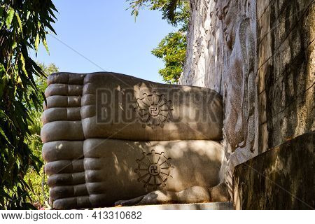 Nha Trang, Vietnam - January 20, 2020: Reclining Buddha. Giant Sculpture Of The Reclining Buddha At