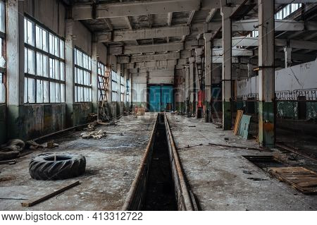 Old Broken Empty Abandoned Industrial Building Interior