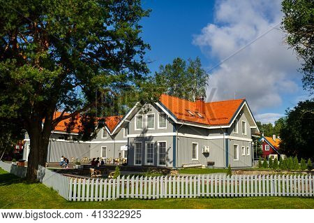August 17, 2017 Pervalka Village, Lithuania, Old Lithuanian Traditional Wooden House In The Village