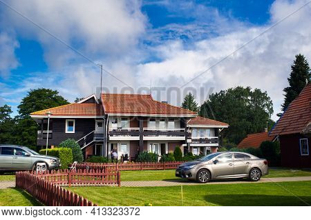 August 17, 2017 Pervalka Village, Lithuania, Old Lithuanian Traditional Wooden House In The Village