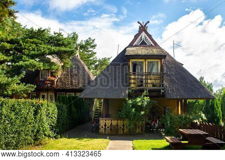 August 17, 2017 Pervalka Village, Lithuania, Old Lithuanian Traditional Wooden House In The Village