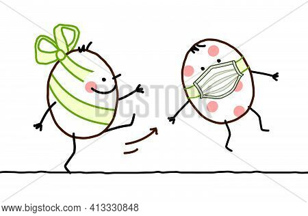 Hand Drawn Cartoon Easter Egg With Ribbon, Kicking Out Another One With Mask