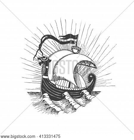 Viking Ship. A Fabulous Ship. Grapahic Sketch. Vector