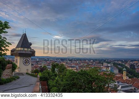 Cityscape Of Graz And The Famous Clock Tower (grazer Uhrturm) On Shlossberg Hill, Graz, Styria Regio