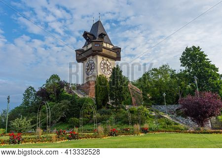 The Famous Clock Tower (grazer Uhrturm) And Gardens On Shlossberg Hill Before Sunrise,in Graz, Styri