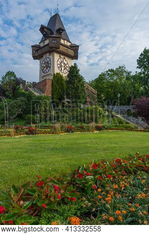 The Famous Clock Tower (grazer Uhrturm) And Gardens On Shlossberg Hill Before Sunrise,in Graz, Styri