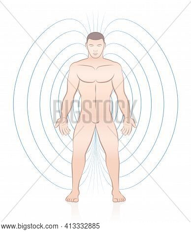 Human Magnetic Field. Male Body With Lines And Energy Pattern. Complementary Medicine Treatment. Vec