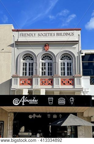 Bundaberg, Australia - March 1, 2021: Facade Of The Friendly Societies Buildings Masonry Building Er