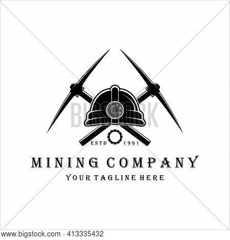 Pickax Or Pickaxe Mining Logo Vector Vintage Illustration Design . Mining Helmet Equipment For Profe