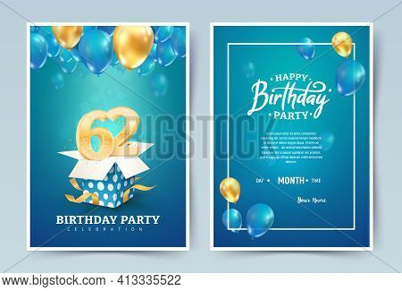 62nd Years Birthday Vector Invitation Double Card. Sixty Two Years Wedding Anniversary Celebration B