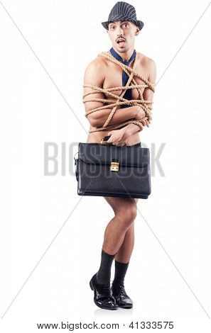 Man vastgebonden met touw op wit