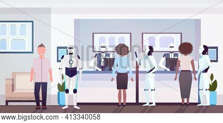 People And Robots At Counter Tellers With Robotic Clerks Artificial Intelligence Technology Concept 
