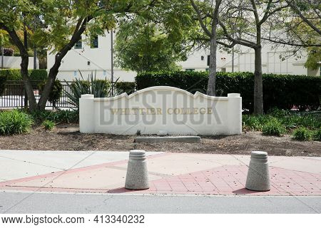 March 12, 2021 - Whittier, California: Whittier College. Whittier College Location Placard. A large cement placard with the words Whittier College at one corner of the school.  Editorial Use Only. 