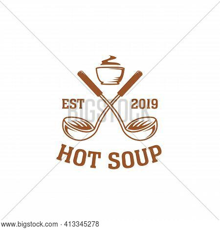 Vintage Hot Soto Soup Logo With Crossed Soup Paddle Ladle And Big Hot Bowl Illustration Icon